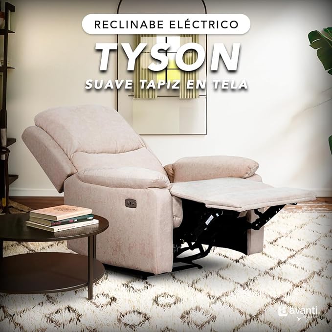 SILLÓN RECLINABLE ELÉCTRICO TYSON DE TELA BEIGE CON ENTRADA USB