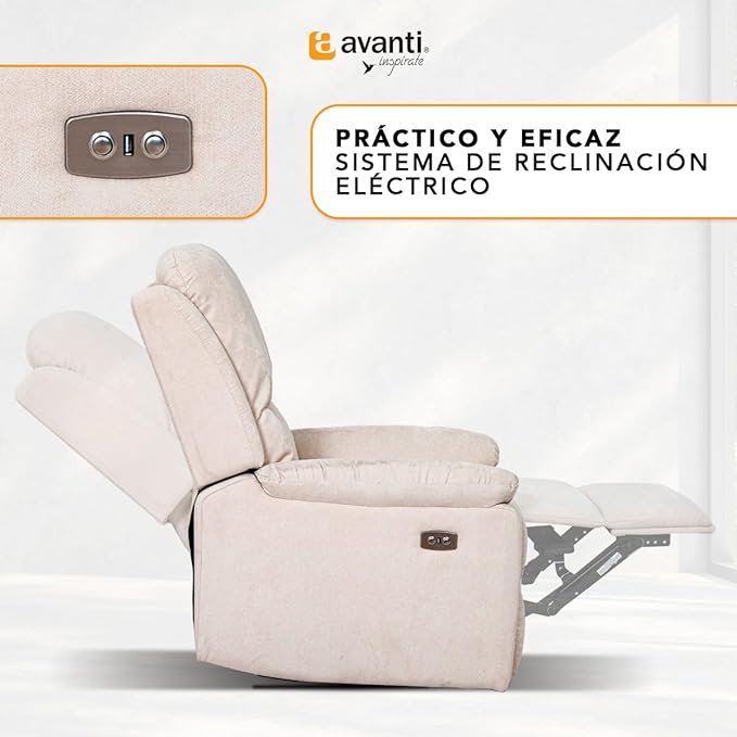 SILLÓN RECLINABLE ELÉCTRICO TYSON DE TELA BEIGE CON ENTRADA USB