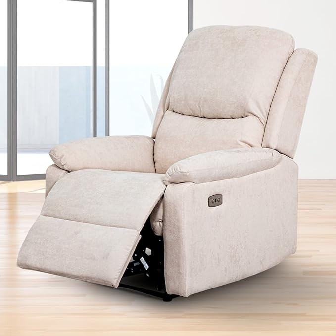 SILLÓN RECLINABLE ELÉCTRICO TYSON DE TELA BEIGE CON ENTRADA USB