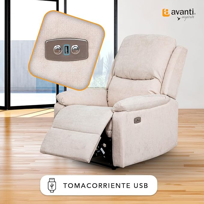 SILLÓN RECLINABLE ELÉCTRICO TYSON DE TELA BEIGE CON ENTRADA USB