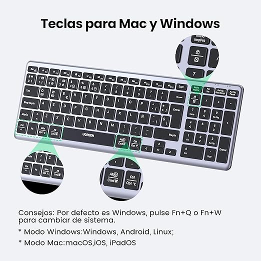 UGREEN Teclado Inalámbrico Español, Teclado Recargable Bluetooth & 2.4G Delgado y Compacto, Multidispositivo Bluetooth Keyboard con Cable USB-C, Compatible con macOS, iOS, Windows, Linux, Android.