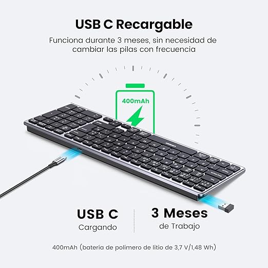 UGREEN Teclado Inalámbrico Español, Teclado Recargable Bluetooth & 2.4G Delgado y Compacto, Multidispositivo Bluetooth Keyboard con Cable USB-C, Compatible con macOS, iOS, Windows, Linux, Android.