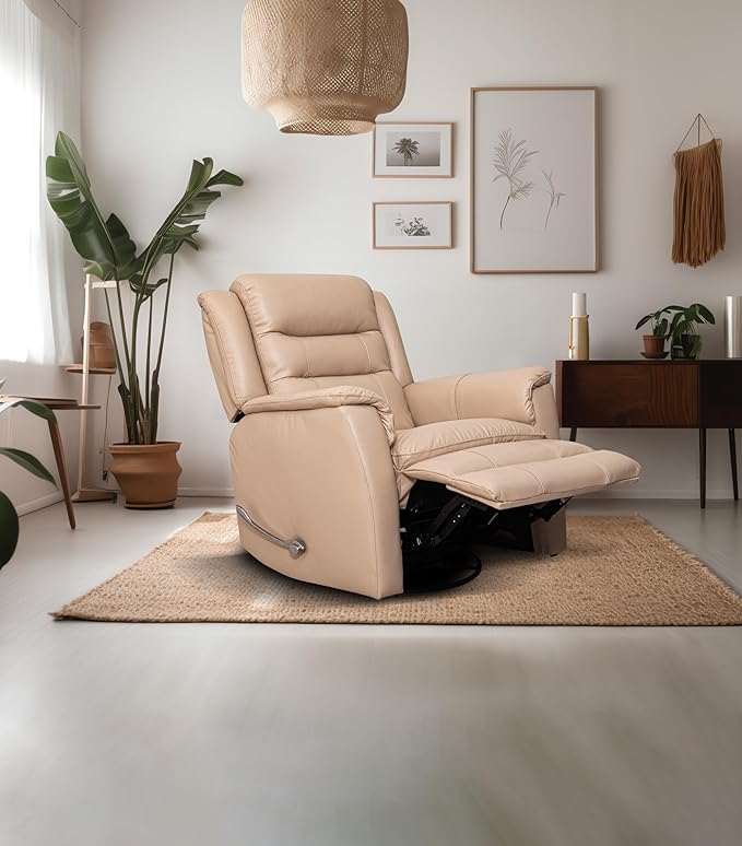 SILLÓN RECLINABLE FALCO MANUAL GIRATORIO Y MECEDORA DE PIEL COLOR BEIGE.