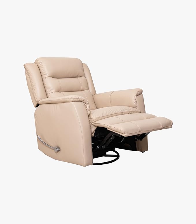 SILLÓN RECLINABLE FALCO MANUAL GIRATORIO Y MECEDORA DE PIEL COLOR BEIGE.