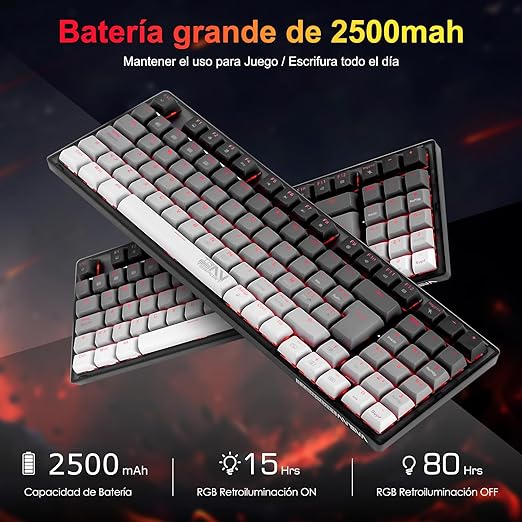 TERPORT TR95 Teclado Mecánico Inalámbrico Español de Gris Degradado, Conexión con BT/2.4G Inalámbrico/Cable, Teclado Portátil Compacto de 95 Teclas, 18 RGB Retroiluminación, Keyboard de Brown Switch.