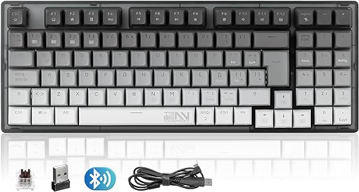 TERPORT TR95 Teclado Mecánico Inalámbrico Español de Gris Degradado, Conexión con BT/2.4G Inalámbrico/Cable, Teclado Portátil Compacto de 95 Teclas, 18 RGB Retroiluminación, Keyboard de Brown Switch.