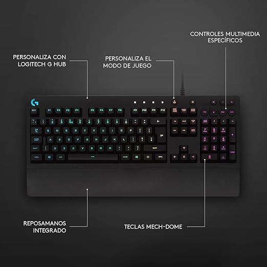 Logitech G213 Prodigy Teclado Gaming en inglés, RGB LIGHTSYNC, Teclas retroiluminadas, Resistente a Salpicaduras, Teclas personalizables, Controles Multimedia Dedicados - Negro.