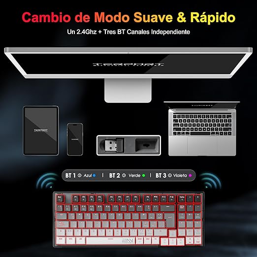 TERPORT TR95 Teclado Mecánico Inalámbrico Español de Gris Degradado, Conexión con BT/2.4G Inalámbrico/Cable, Teclado Portátil Compacto de 95 Teclas, 18 RGB Retroiluminación, Keyboard de Brown Switch.