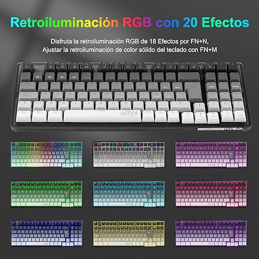 TERPORT TR95 Teclado Mecánico Inalámbrico Español de Gris Degradado, Conexión con BT/2.4G Inalámbrico/Cable, Teclado Portátil Compacto de 95 Teclas, 18 RGB Retroiluminación, Keyboard de Brown Switch.