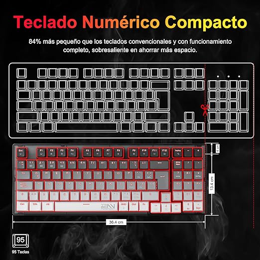 TERPORT TR95 Teclado Mecánico Inalámbrico Español de Gris Degradado, Conexión con BT/2.4G Inalámbrico/Cable, Teclado Portátil Compacto de 95 Teclas, 18 RGB Retroiluminación, Keyboard de Brown Switch.