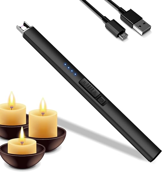 A Encendedor Electrónico，Encendedor de Plasma USB Rechargeable con Pantalla de Batería LED, Encendedor de Velas sin Llama Resistente al Viento & Seguro, Electric Lighter para Velas, Cocina, Barbacoa y Camping (Negro).