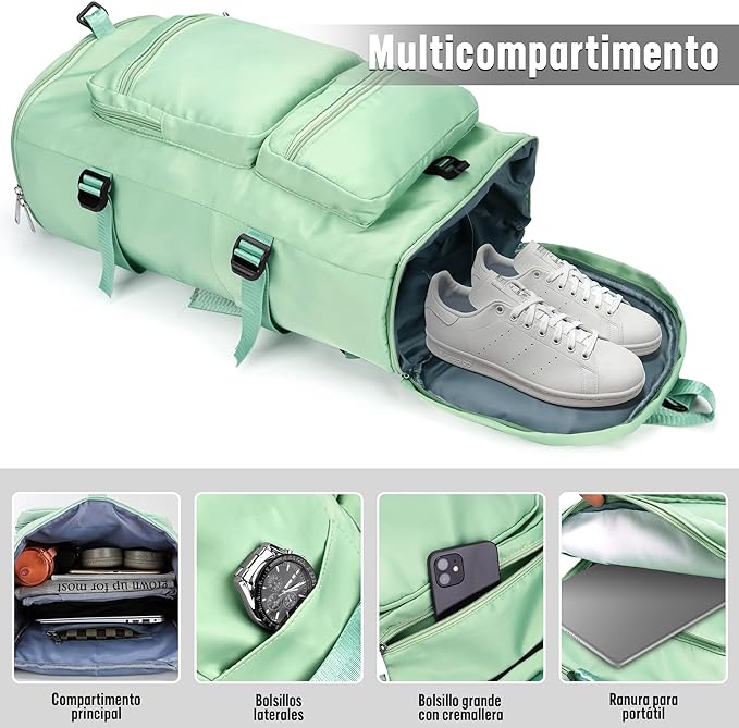  A Bolsa de Deporte Impermeable,Mochila de viaje de Gran Espacio,3 en 1 Maleta Deportivas de Gimnasio de Hombro y Mano,con Compartimento para Zapatos,para Hombre,Mujer,para Gym,Escalada,Yoga(Verde Claro).