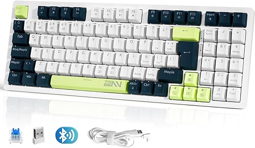 TERPORT TR95 Teclado Mecánico Inalámbrico Español de 95 Teclas, Teclado Gamer de 18 RGB Retroiluminado, Conexión de Bluetooth/USB/Cable, Keyboard Teclas de Verde Menta, Blue Switch, Blanco/Azul Oscuro.