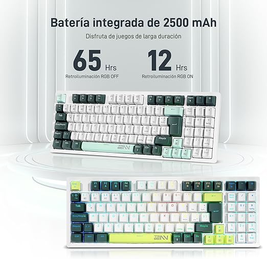 TERPORT TR95 Teclado Mecánico Inalámbrico Español de 95 Teclas, Teclado Gamer de 18 RGB Retroiluminado, Conexión de Bluetooth/USB/Cable, Keyboard Teclas de Verde Menta, Blue Switch, Blanco/Azul Oscuro.