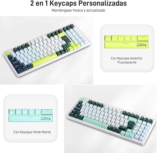 TERPORT TR95 Teclado Mecánico Inalámbrico Español de 95 Teclas, Teclado Gamer de 18 RGB Retroiluminado, Conexión de Bluetooth/USB/Cable, Keyboard Teclas de Verde Menta, Blue Switch, Blanco/Azul Oscuro.