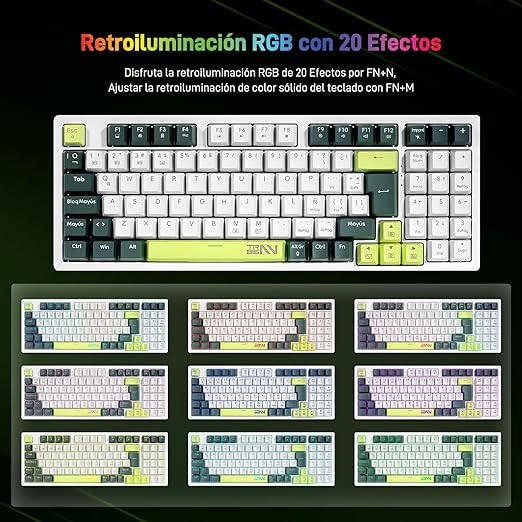 TERPORT TR95 Teclado Mecánico Inalámbrico Español de 95 Teclas, Teclado Gamer de 18 RGB Retroiluminado, Conexión de Bluetooth/USB/Cable, Keyboard Teclas de Verde Menta, Blue Switch, Blanco/Azul Oscuro.