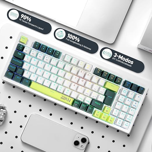 TERPORT TR95 Teclado Mecánico Inalámbrico Español de 95 Teclas, Teclado Gamer de 18 RGB Retroiluminado, Conexión de Bluetooth/USB/Cable, Keyboard Teclas de Verde Menta, Blue Switch, Blanco/Azul Oscuro.