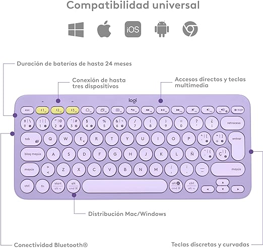 Logitech K380 Teclado Multi-Dispositivo Inalámbrico, Bluetooth, Easy-Switch, Ligero, Portátil, Batería para 2 Años, Funciona con PC, Portátil, Windows, Mac, Android, iPad OS, Apple TV - Lavander .
