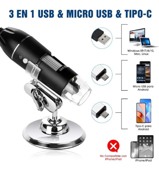 Microscopio 50X a1600X, electrónico digital USB portátil de mano