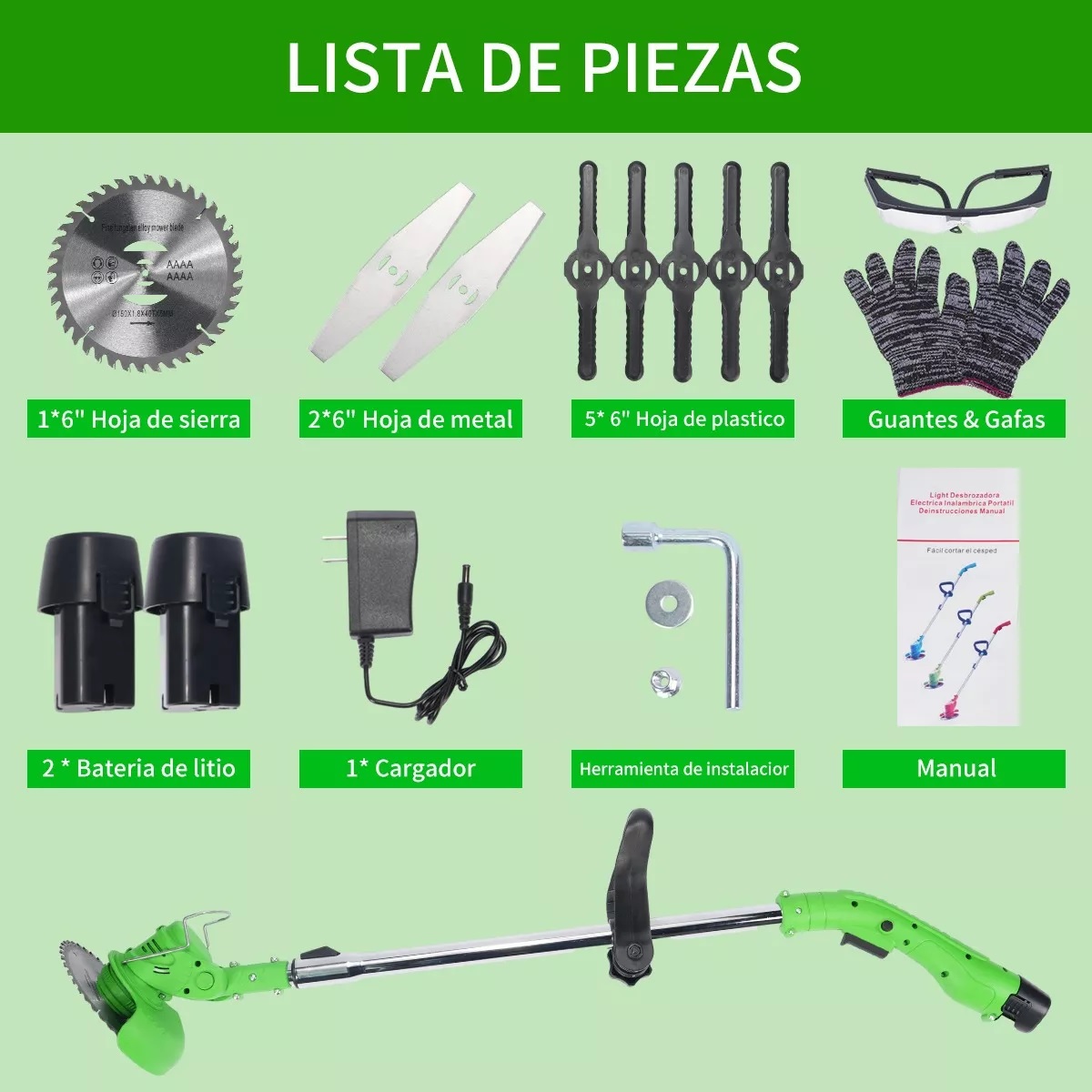 Desbrozadora Eléctrica Podadora Cortadora Césped Inalámbrica Verde.