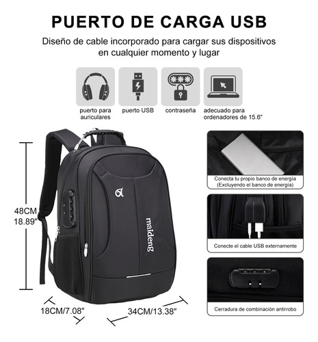 Mochila De Viaje 40l, Mochila Para Laptop Negro De 15,6,mochila De Trabajo Hombre De Negocios Y Impermeable Con Interfaz Usb Y Bloqueo Antirrobo
