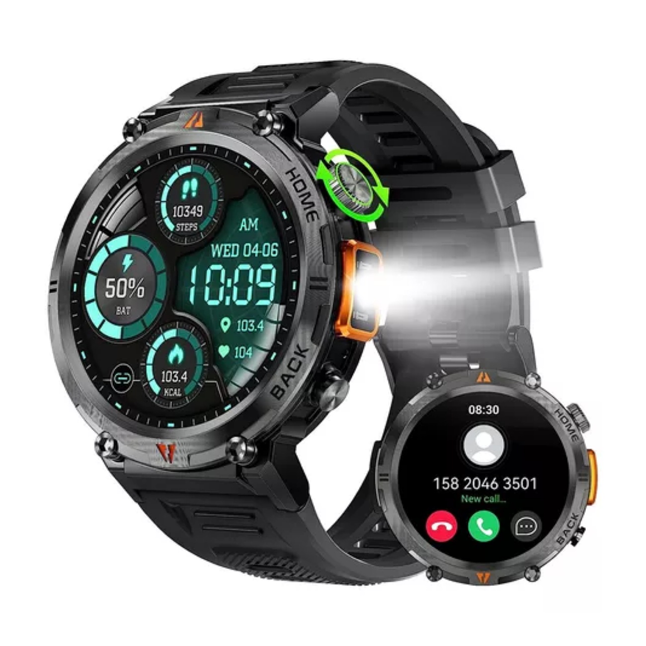 Smartwatch Ke3 Reloj Inteligente Con Linterna Integrada Estilo Militar Uso Rudo Y Deportivo Para Hombre Llamadas