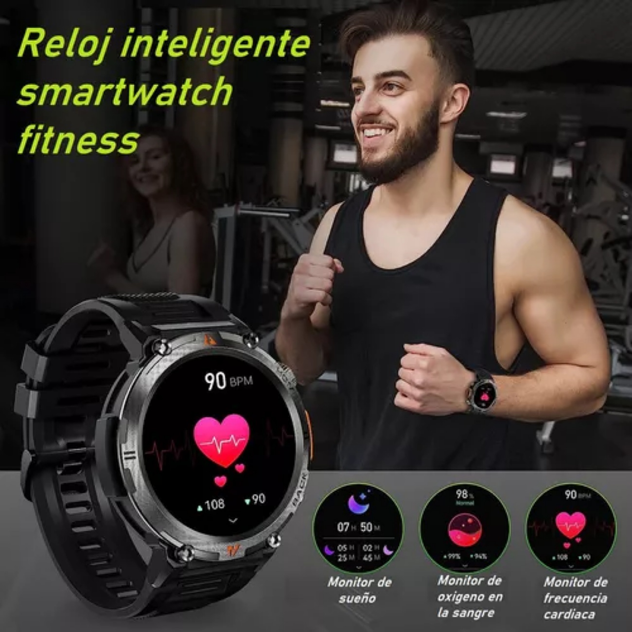 Smartwatch Ke3 Reloj Inteligente Con Linterna Integrada Estilo Militar Uso Rudo Y Deportivo Para Hombre Llamadas Notificaciones Deportes Sensor De Ritmo Cardiaco Muinaifte Negro