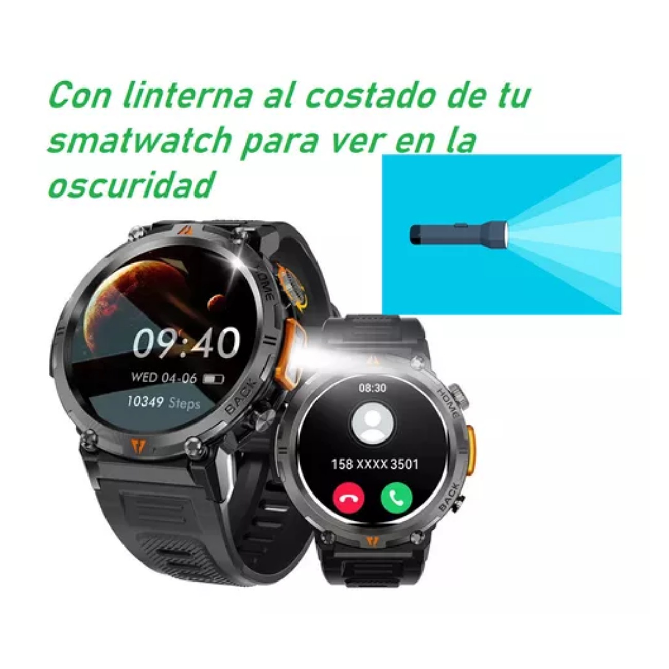 Smartwatch Ke3 Reloj Inteligente Con Linterna Integrada Estilo Militar Uso Rudo Y Deportivo Para Hombre Llamadas Notificaciones Deportes Sensor De Ritmo Cardiaco Muinaifte Negro