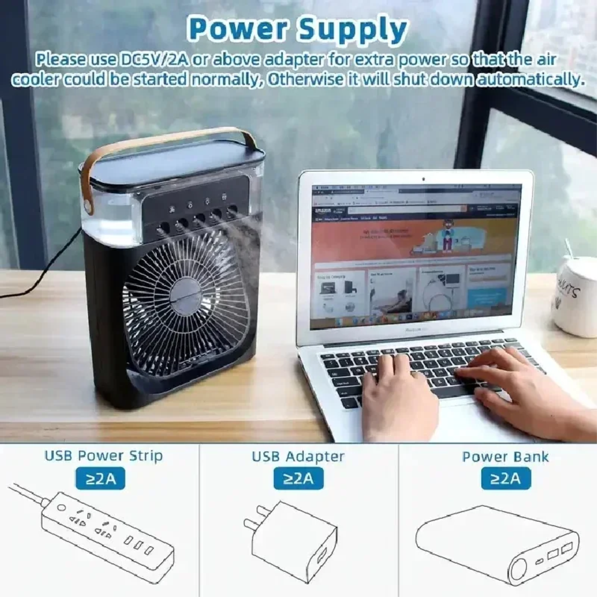  Ventilador enfriador y humidificador 3 en 1 para escritorio con luz LED color Negro