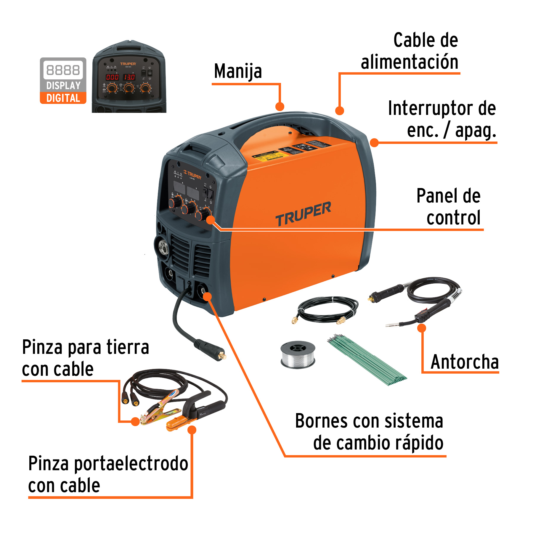 Soldadora para microalambre y electrodo Truper 130 A SOMI130X naranja