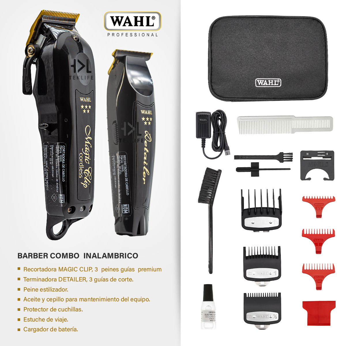 Wahl Cordless Barber Combo Magic Clip Black + Detailer Black Color Negro