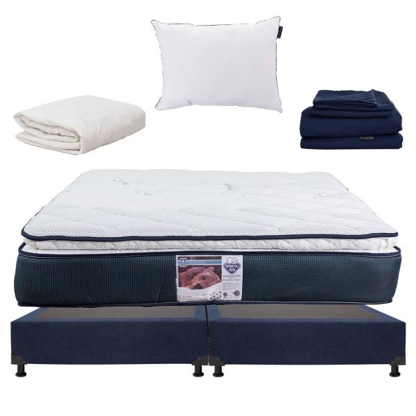 Colchón King Size Spring Air Monaco con Box Azul, Almohada One, Sábanas y Protector