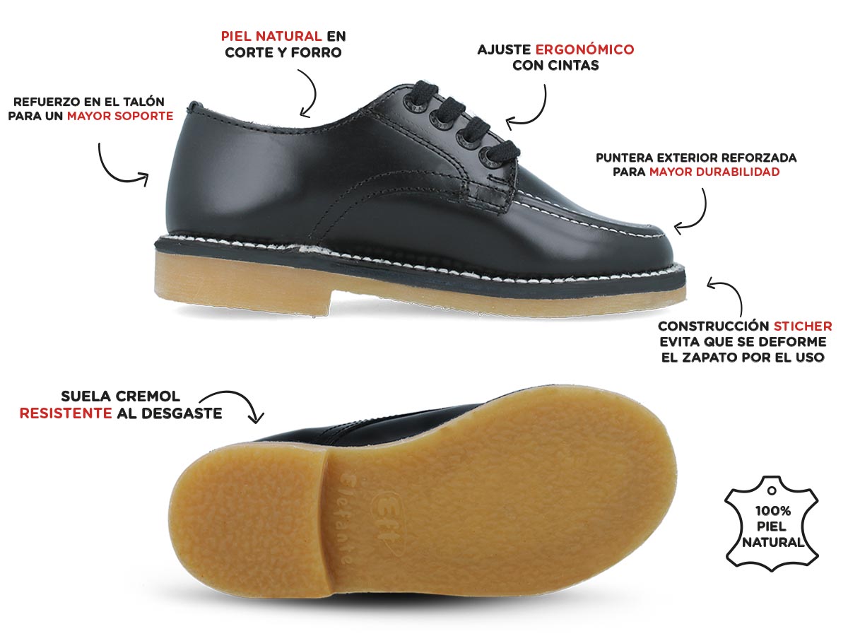 Zapato Escolar Elefante De Piel Negro Niño/Niña.