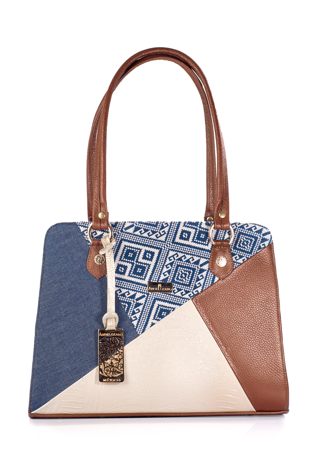 Bolso tipo tote  A ÁNGELOZANO modelo Salma de piel vacuna con telar artesanal y mezclilla color camel.