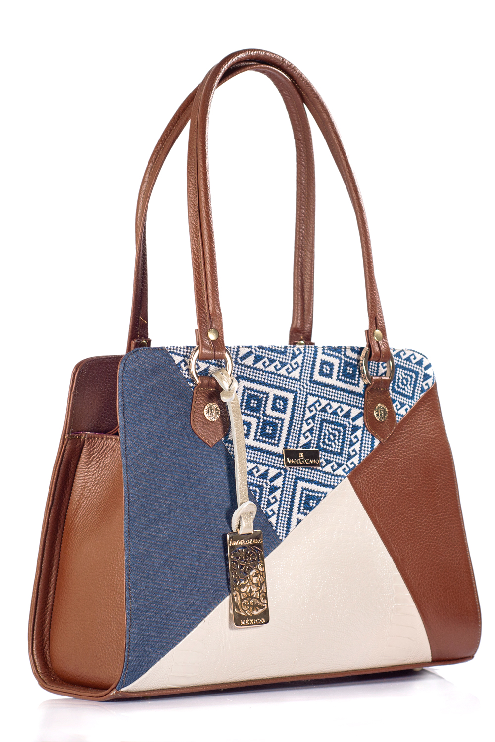 Bolso tipo tote  A ÁNGELOZANO modelo Salma de piel vacuna con telar artesanal y mezclilla color camel.