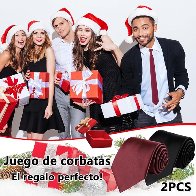 2PCS Corbatas Para Hombre - Corbata Slim Fit Clásica De Color Liso, Accesorios De Traje De Satén De Alta Calidad Para Fiestas Informales, Bodas (Borgoña + Negro).