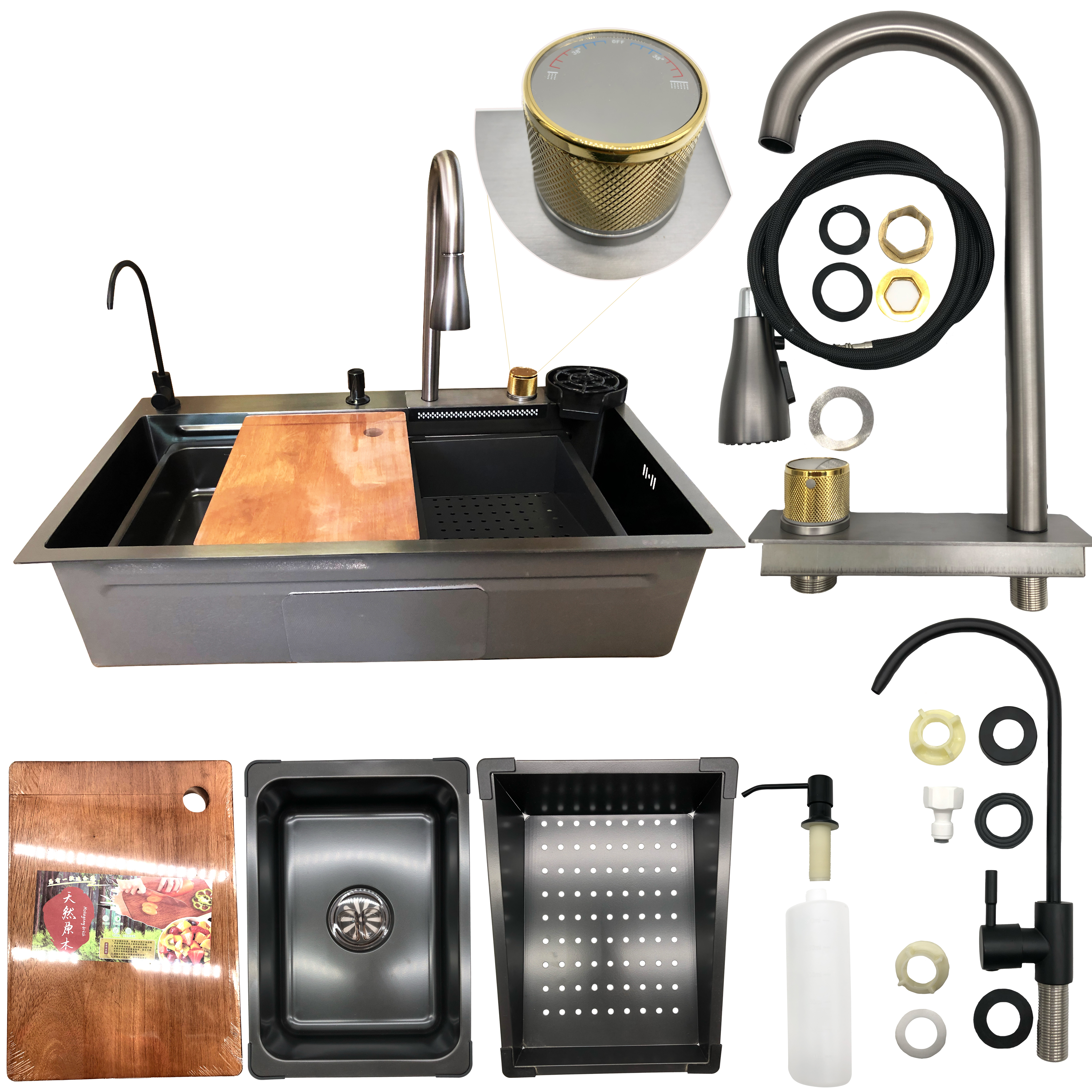 Tarja para Cocina Fregadero de Lujo Con Cascada Acero Inoxidable 80xm X 46cm X 20cm .
