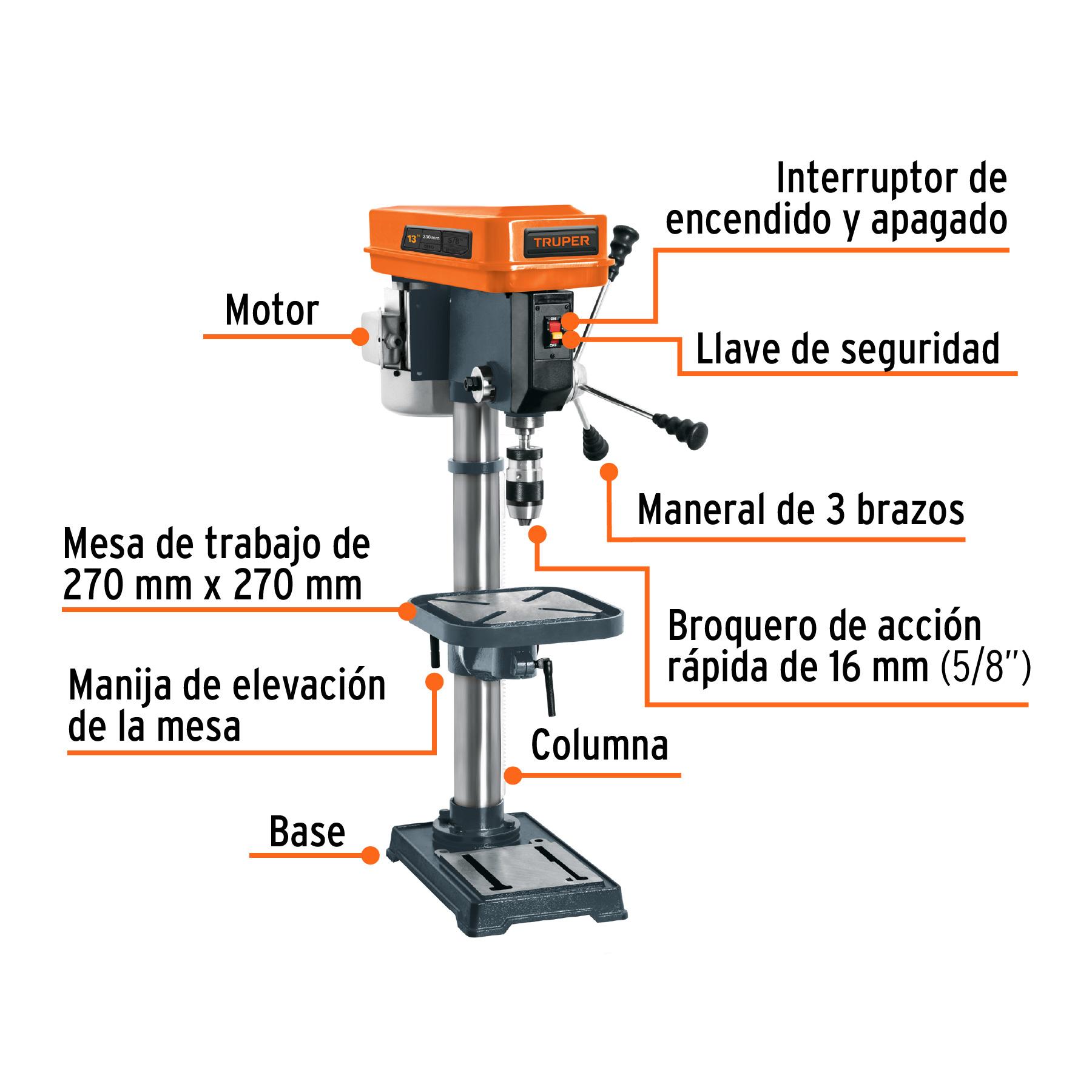 Taladro de piso Truper 13 pul 3/4 HP 560 W, broquero 5/8 TAPI13 gris