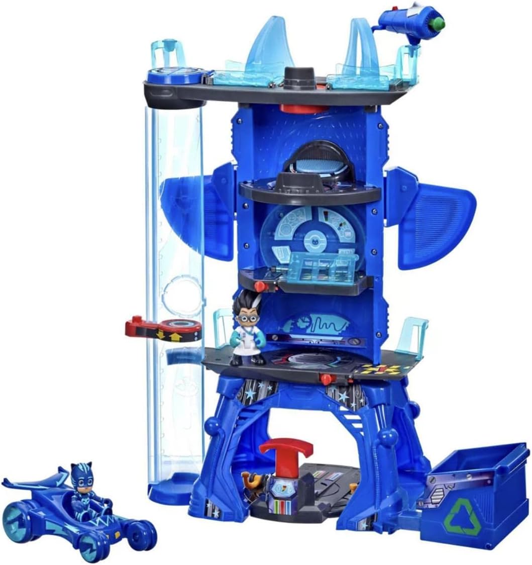 PJ MASKS - Cuartel General Deluxe - con 2 Figuras de acción y vehículo para niños de 3 años en adelante.