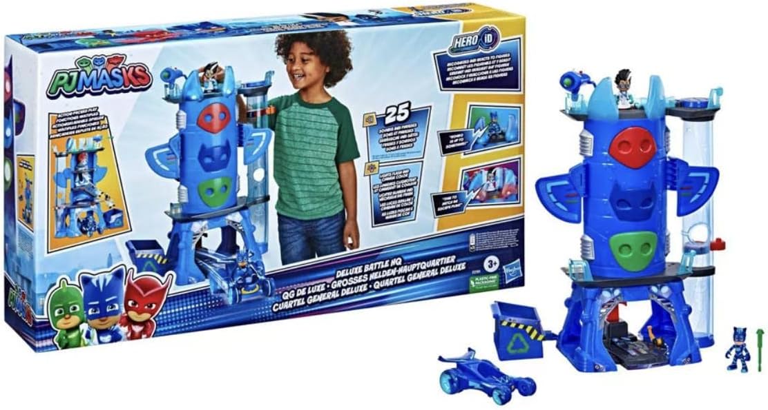 PJ MASKS - Cuartel General Deluxe - con 2 Figuras de acción y vehículo para niños de 3 años en adelante.