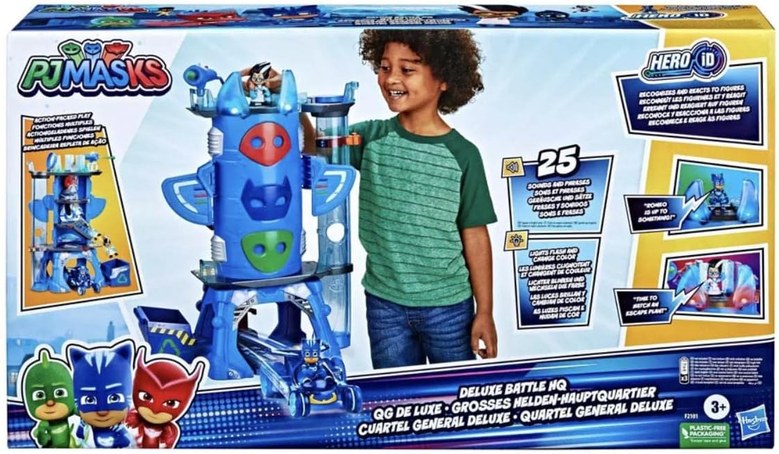 PJ MASKS - Cuartel General Deluxe - con 2 Figuras de acción y vehículo para niños de 3 años en adelante.