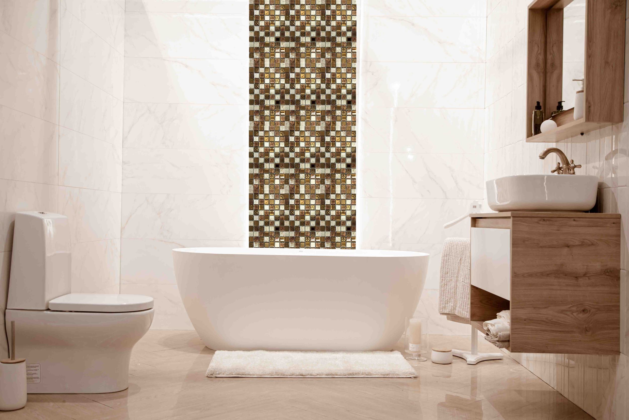 Malla o Mosaico Decorativo de vidrio VOL, medida 30 x 30 cms. (base por altura). Diseño en tonos café y dorado, con detalles marmoleados y en relieve. Caja de 5 piezas..