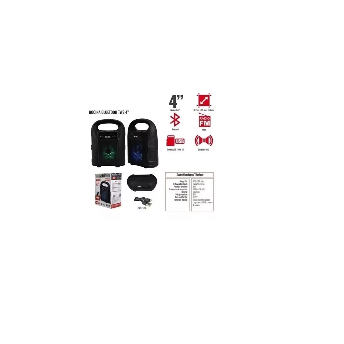 Bocina Recargable Bluetooth Radio Fm  4 Pulgadas 