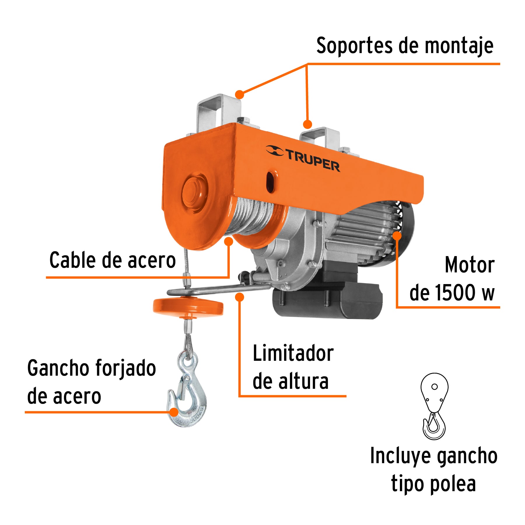 Polipasto eléctrico Truper de 600 kg POLE600 naranja