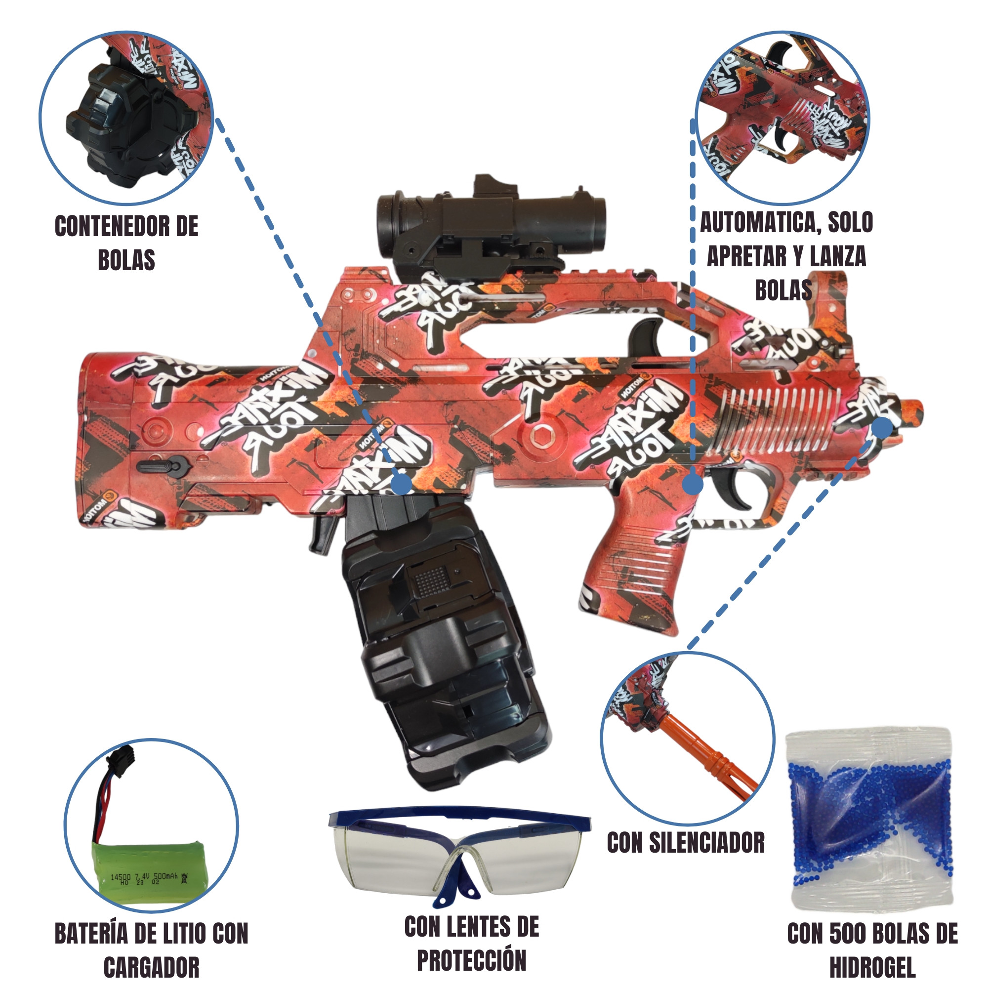 Pistola de Gel Automática Eléctrica,Niños Bolas Hidrogel M249 - Rojo.