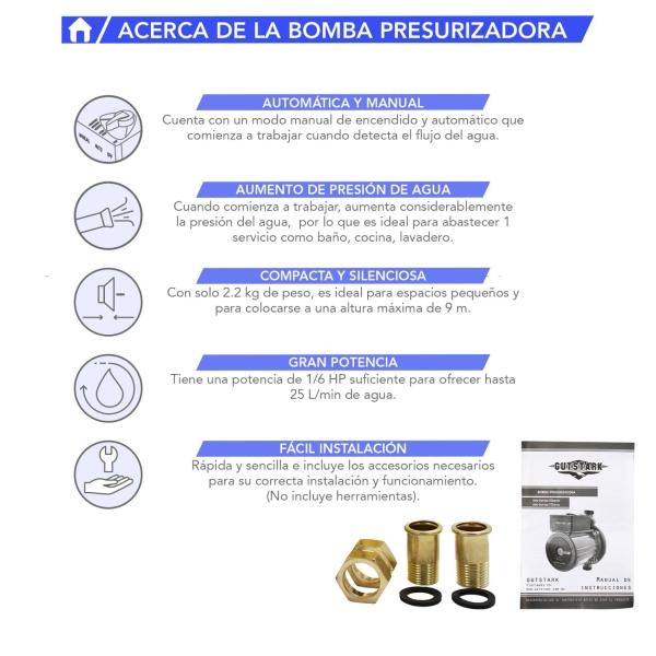 Bomba Presurizadora de Agua 1 Servicio 1/6 Hp 120 w Automatica Gutstark.