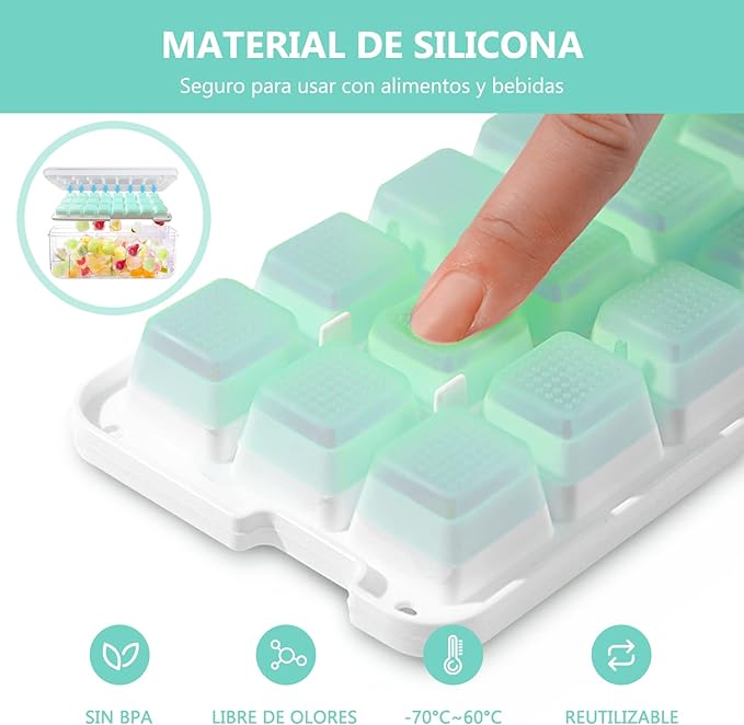 Hielos Molde, EASYTAO Molde para Hielos 24×2 con Una Caja de Almacenamiento de Hielo Y Una Pala, Bandejas para Cubitos de Hielo con Tapa, La Última Actualizacion Fácil Extracción de Hielo, (Verde).