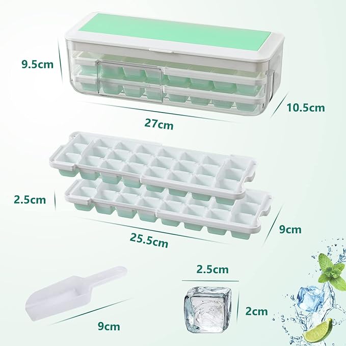 Hielos Molde, EASYTAO Molde para Hielos 24×2 con Una Caja de Almacenamiento de Hielo Y Una Pala, Bandejas para Cubitos de Hielo con Tapa, La Última Actualizacion Fácil Extracción de Hielo, (Verde).