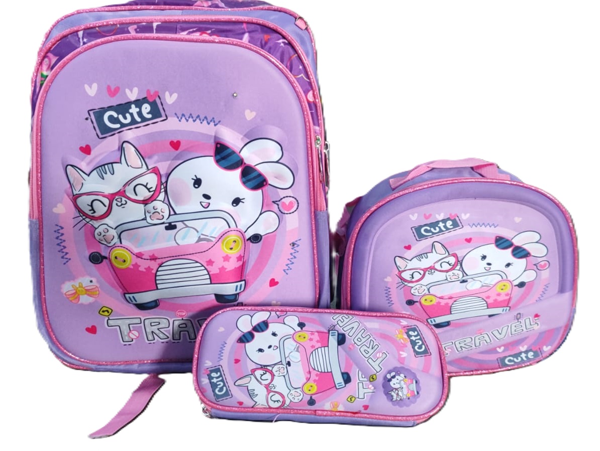 Combo de mochila escolar con luz led con lonchera y lapicera para niña.