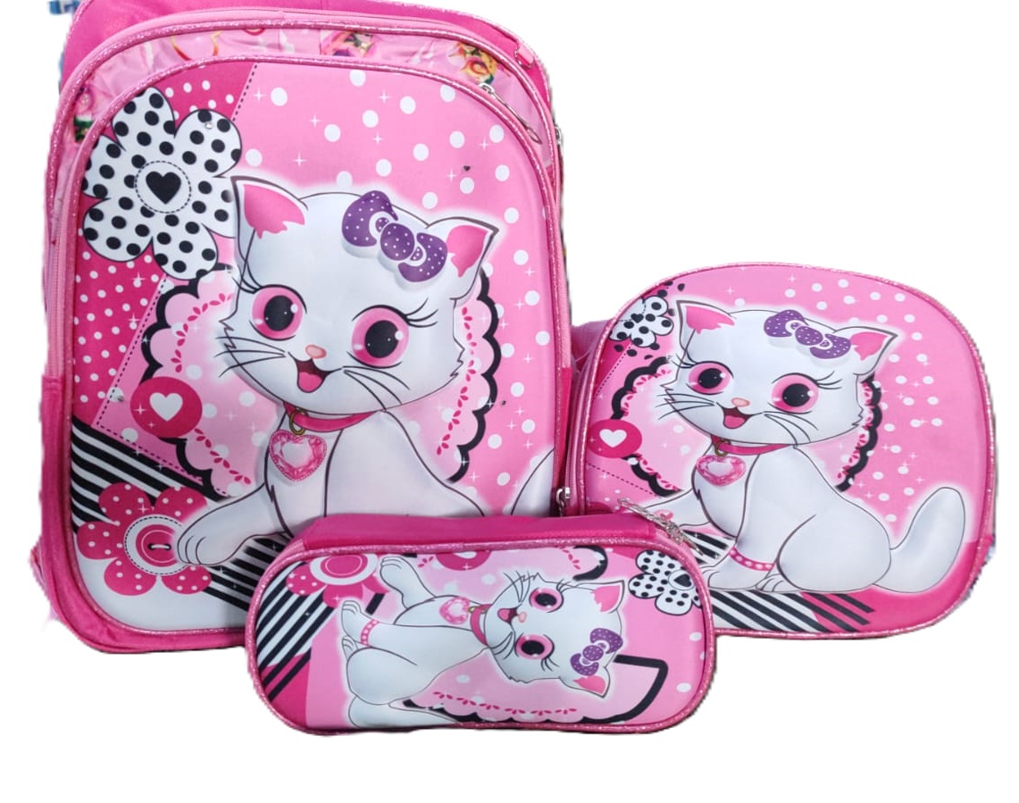 Combo de mochila escolar con luz led con lonchera y lapicera para niña.
